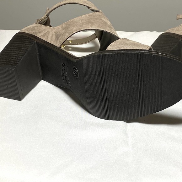 Fergalicious by Fergie Taupe Suede Marquette Open Toe Block Heeled Sandals-Sz 10 - Picture 9 of 10